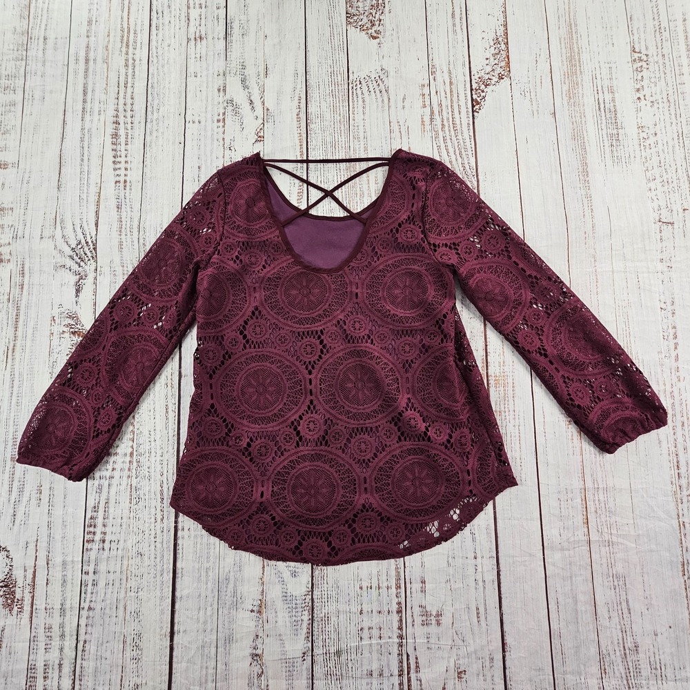 Y2K Ing Wine Red Crochet Overlay Flowy Dark Fairy Romantic Peasant Blouse M